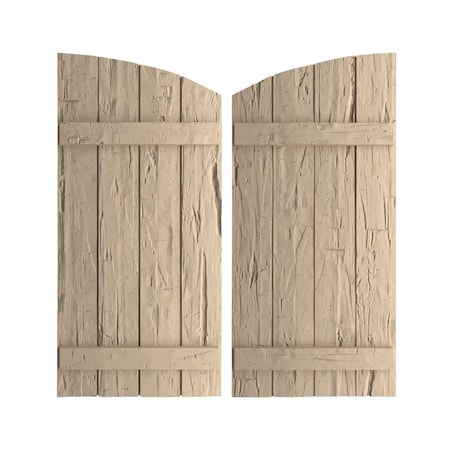 Hand Hewn 4 Board Joined Board-n-Batten W/Elliptical Top Faux Wood Shutters, 22W X 42H